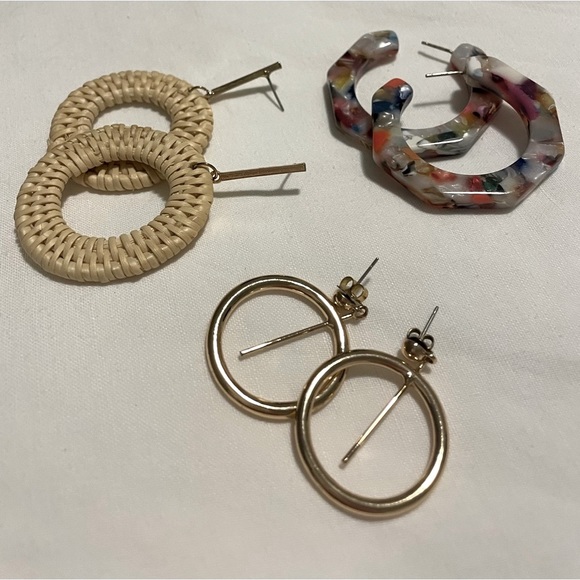 Assortment of 3 Sets of Earrings - Acrylic Multicolor Hoops, Rattan, and Gold - Picture 2 of 8